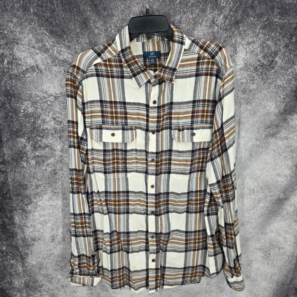 George Flannel Shirt Mens XLT Brown Plaid Button Up Long Sleeve Casual Preppy